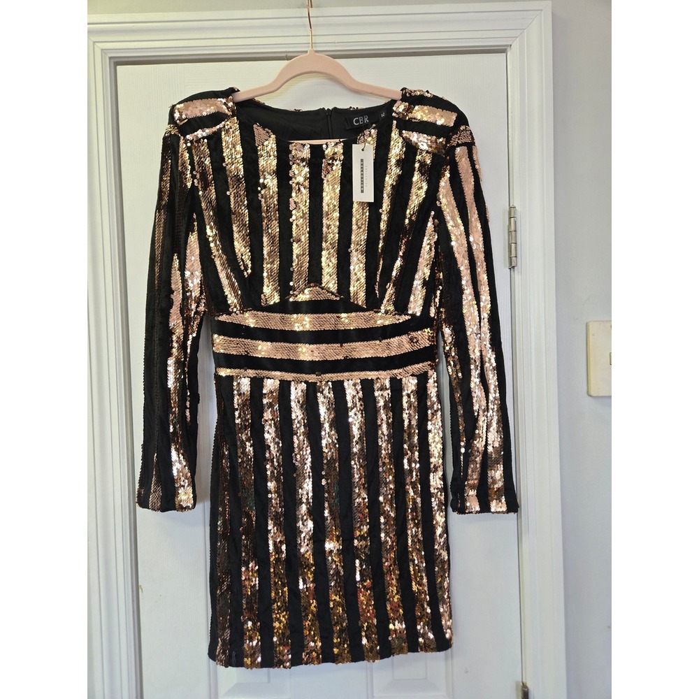 Chic Boutique Rose XL Velvet Sequin Striped Mini Dress Rose Gold Black NWT Glam